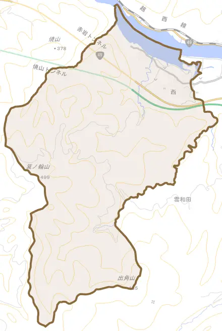 西とその周辺の地図。町の範囲を重ねている
