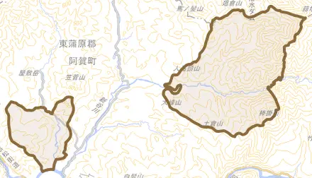 岡沢とその周辺の地図。町の範囲を重ねている