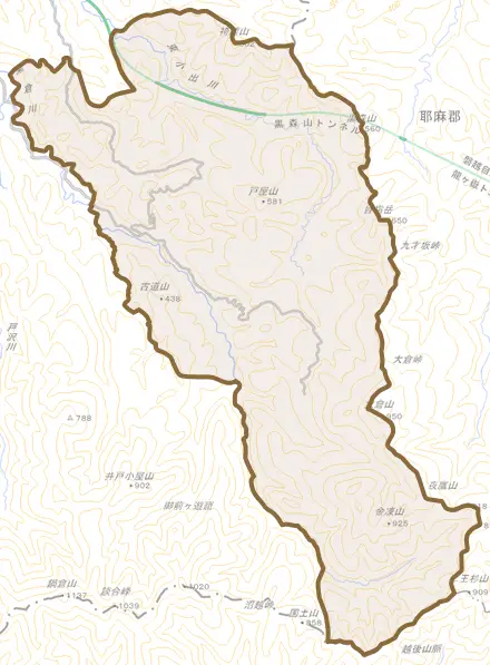 七名とその周辺の地図。町の範囲を重ねている