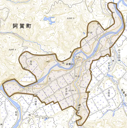 日野川とその周辺の地図。町の範囲を重ねている