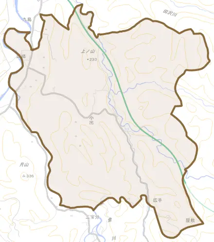 両郷とその周辺の地図。町の範囲を重ねている