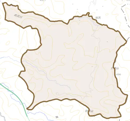 田沢とその周辺の地図。町の範囲を重ねている