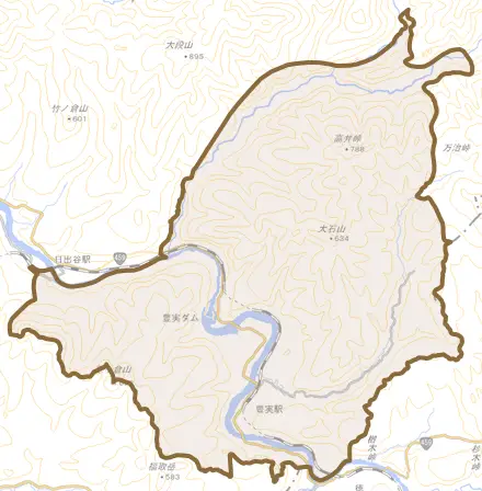 豊実とその周辺の地図。町の範囲を重ねている