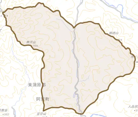 綱木とその周辺の地図。町の範囲を重ねている