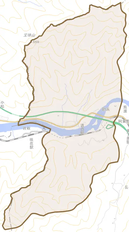釣浜とその周辺の地図。町の範囲を重ねている