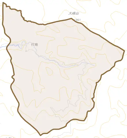 行地とその周辺の地図。町の範囲を重ねている