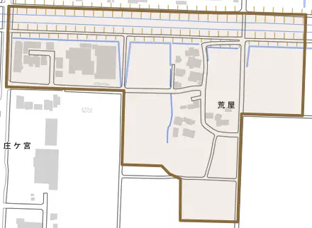 荒屋とその周辺の地図。町の範囲を重ねている