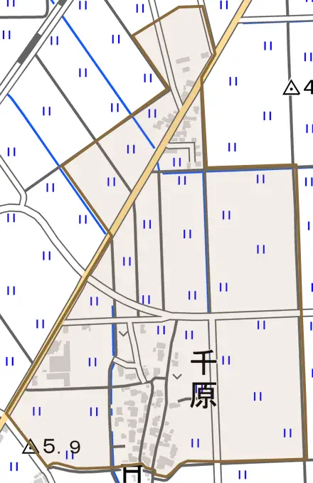 千原とその周辺の地図。町の範囲を重ねている