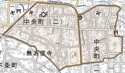 中央町とその周辺の地図。町の範囲を重ねている