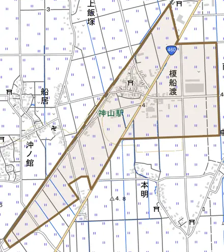 榎船渡とその周辺の地図。町の範囲を重ねている