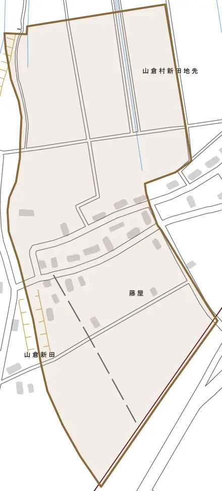 藤屋とその周辺の地図。町の範囲を重ねている