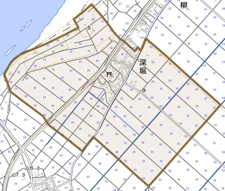 深堀とその周辺の地図。町の範囲を重ねている