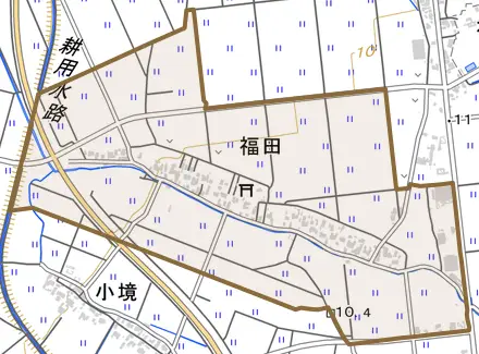福田とその周辺の地図。町の範囲を重ねている