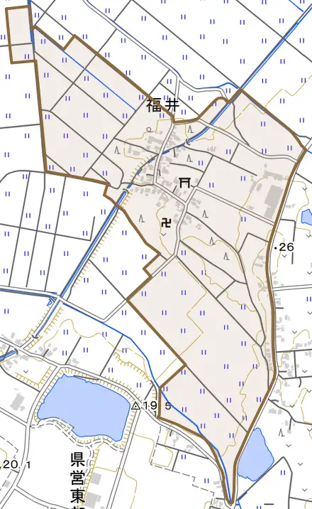 福井とその周辺の地図。町の範囲を重ねている