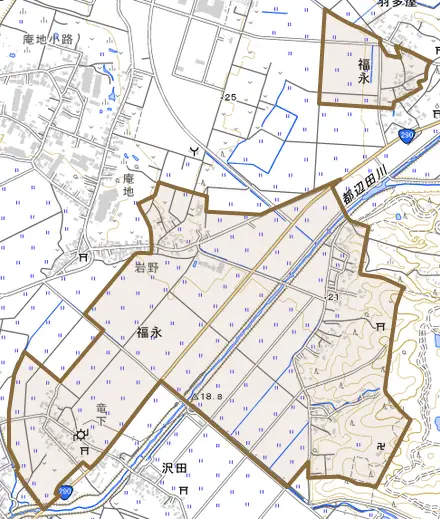 福永とその周辺の地図。町の範囲を重ねている