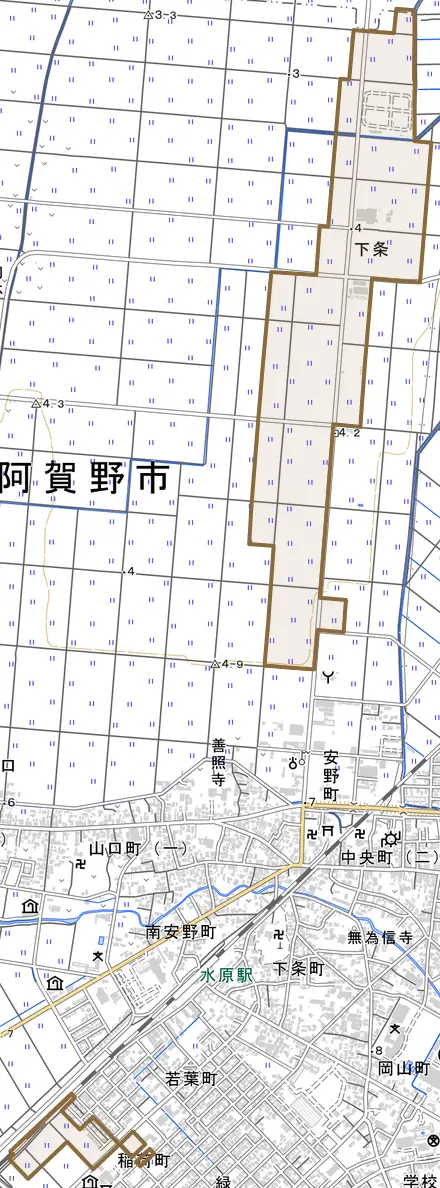 下条とその周辺の地図。町の範囲を重ねている
