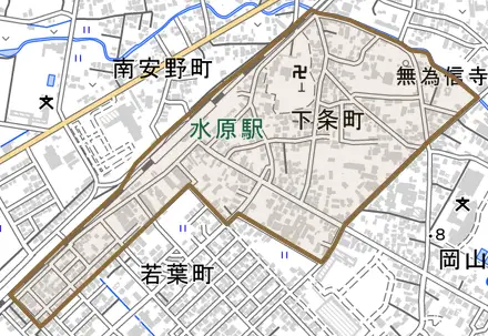 下条町とその周辺の地図。町の範囲を重ねている
