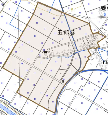 五郎巻とその周辺の地図。町の範囲を重ねている