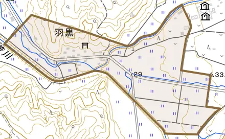 羽黒とその周辺の地図。町の範囲を重ねている