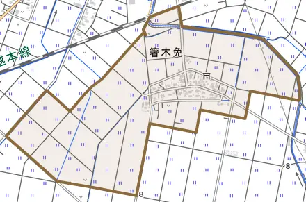 箸木免とその周辺の地図。町の範囲を重ねている