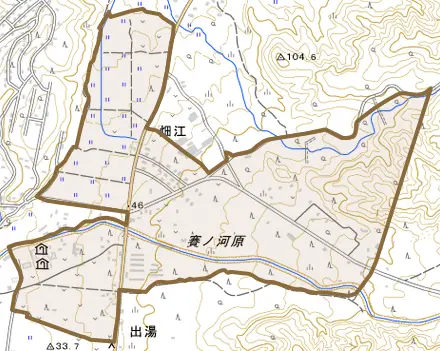 畑江とその周辺の地図。町の範囲を重ねている