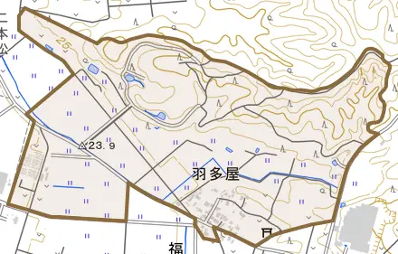 羽多屋とその周辺の地図。町の範囲を重ねている