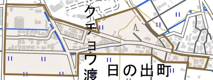 日の出町とその周辺の地図。町の範囲を重ねている