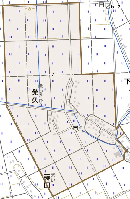 発久とその周辺の地図。町の範囲を重ねている
