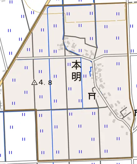 本明とその周辺の地図。町の範囲を重ねている