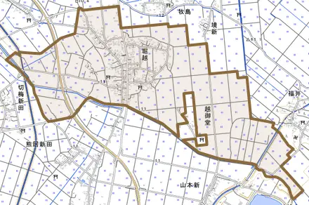 堀越とその周辺の地図。町の範囲を重ねている