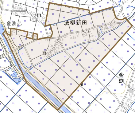 法柳新田とその周辺の地図。町の範囲を重ねている