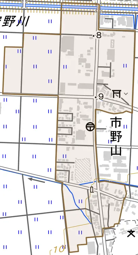 市野山とその周辺の地図。町の範囲を重ねている