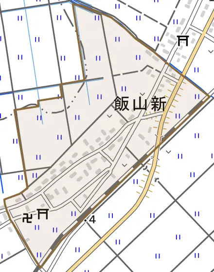 飯山新とその周辺の地図。町の範囲を重ねている