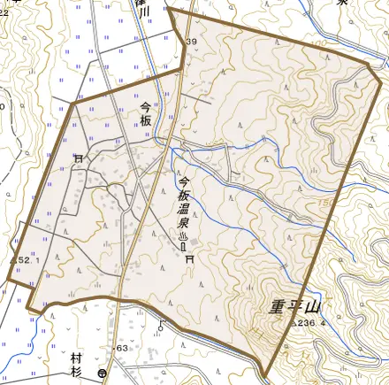 今板とその周辺の地図。町の範囲を重ねている