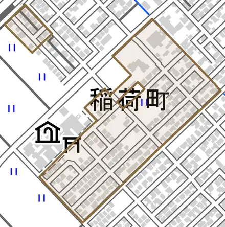 稲荷町とその周辺の地図。町の範囲を重ねている