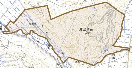 次郎丸とその周辺の地図。町の範囲を重ねている