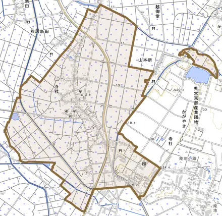 寺社とその周辺の地図。町の範囲を重ねている