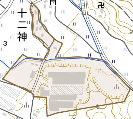十二神とその周辺の地図。町の範囲を重ねている