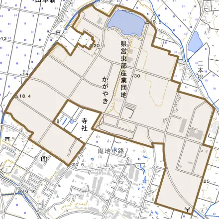 かがやきとその周辺の地図。町の範囲を重ねている