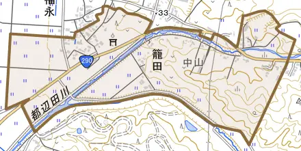 籠田とその周辺の地図。町の範囲を重ねている