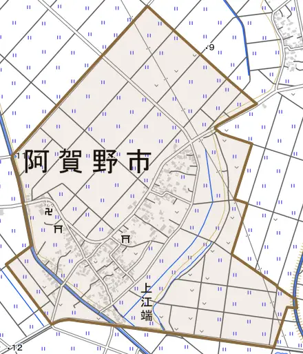 上江端とその周辺の地図。町の範囲を重ねている