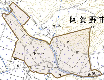 上一分とその周辺の地図。町の範囲を重ねている