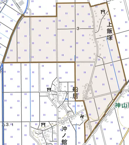 上飯塚とその周辺の地図。町の範囲を重ねている