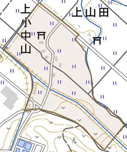 上小中山とその周辺の地図。町の範囲を重ねている
