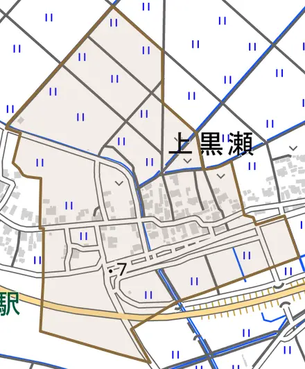 上黒瀬とその周辺の地図。町の範囲を重ねている