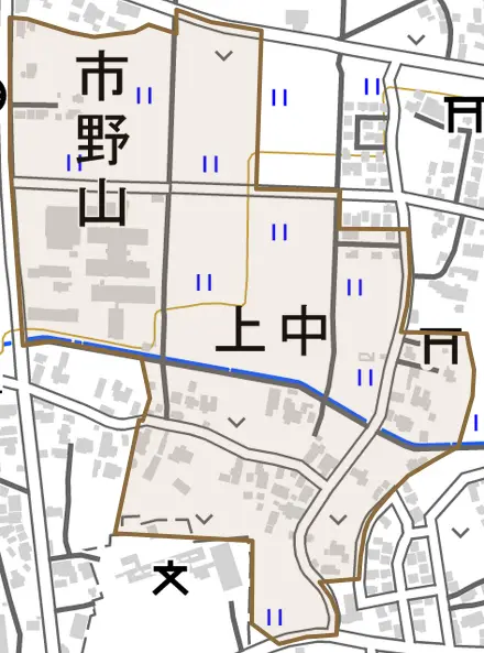 上中とその周辺の地図。町の範囲を重ねている