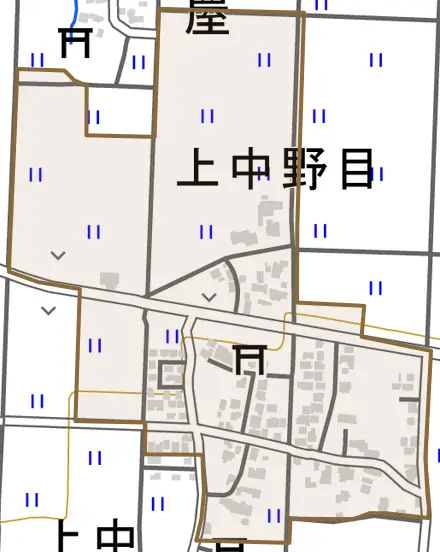 上中野目とその周辺の地図。町の範囲を重ねている
