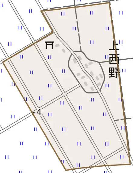 上西野とその周辺の地図。町の範囲を重ねている
