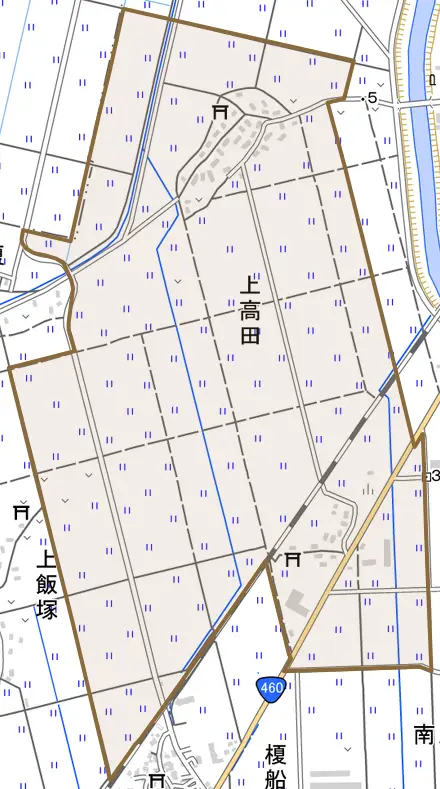 上高田とその周辺の地図。町の範囲を重ねている
