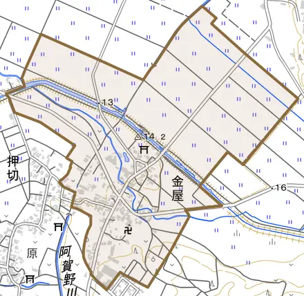 金屋とその周辺の地図。町の範囲を重ねている